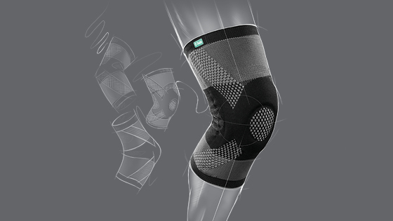 Abbildung der Genu Xtra Kniebandage im Vordergrund und Zeichnungen der Malleo Xtra Sprunggelenkbandage und Epi Xtra Ellenbogenbandage im Hintergrund